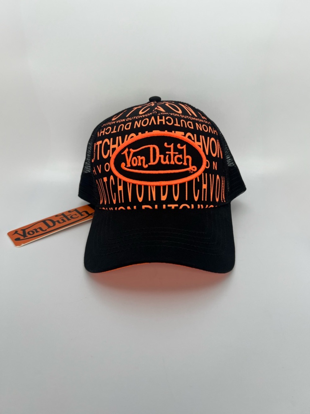 Von Dutch Broken Logo Trucker Hat Black Orange Neon Mesh Snapback Y2K NWT